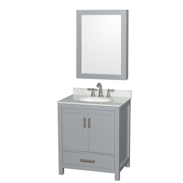 Wyndham Collection Sheffield 30 Inch Single Bath Vanity In Gray with White Carrara Marble Countertop with Undermount Oval Sink and Medicine Cabinet - WCS141430SGYCMUNOMED