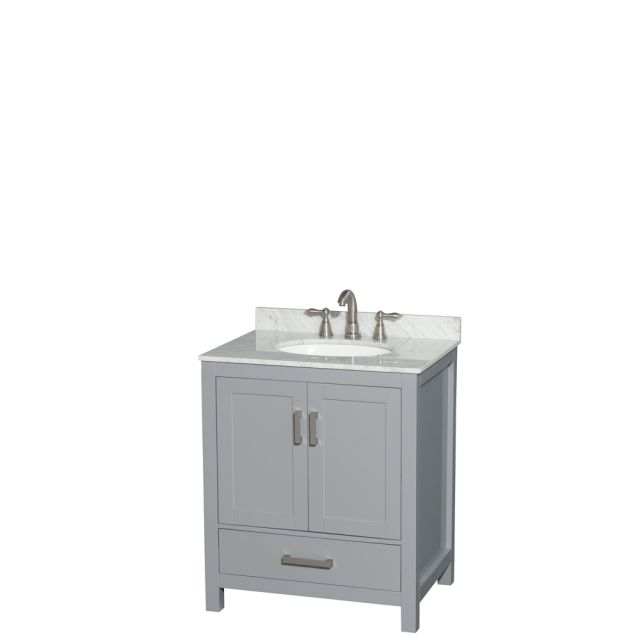 Wyndham Collection Sheffield 30 Inch Single Bath Vanity In Gray with White Carrara Marble Countertop and Undermount Oval Sink - WCS141430SGYCMUNOMXX
