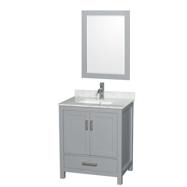 Wyndham Collection Sheffield 30 Inch Single Bath Vanity In Gray with White Carrara Marble Countertop with Undermount Square Sink and 24 Inch Mirror - WCS141430SGYCMUNSM24