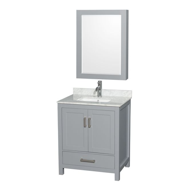 Wyndham Collection Sheffield 30 Inch Single Bath Vanity In Gray with White Carrara Marble Countertop with Undermount Square Sink and Medicine Cabinet - WCS141430SGYCMUNSMED