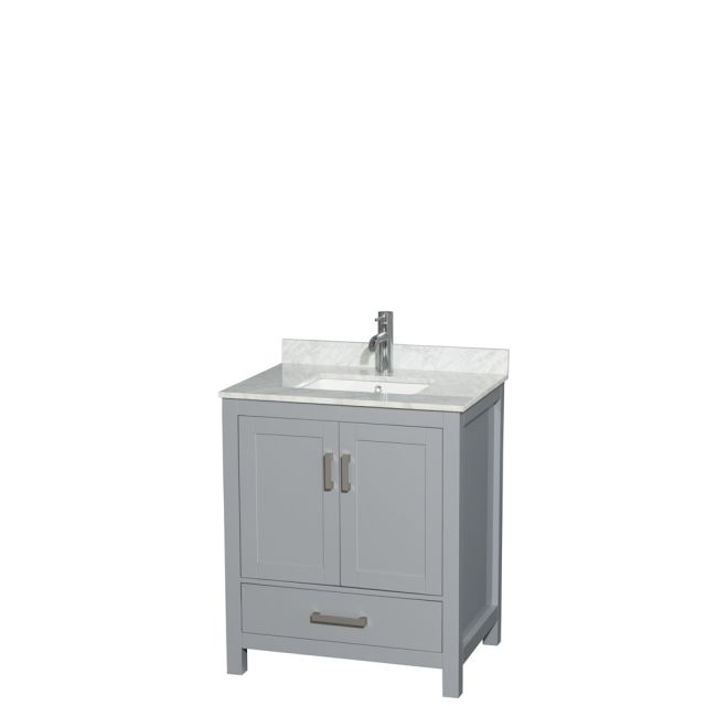 Wyndham Collection Sheffield 30 Inch Single Bath Vanity In Gray with White Carrara Marble Countertop and Undermount Square Sink - WCS141430SGYCMUNSMXX