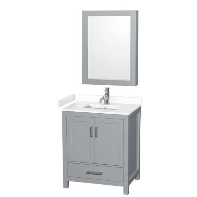Wyndham Collection Sheffield 30 inch Single Bathroom Vanity in Gray with White Cultured Marble Countertop, Undermount Square Sink and Medicine Cabinet - WCS141430SGYWCUNSMED