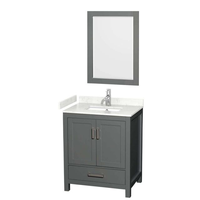 Wyndham Collection Sheffield 30 inch Single Bathroom Vanity in Dark Gray with Carrara Cultured Marble Countertop, Undermount Square Sink and 24 inch Mirror - WCS141430SKGC2UNSM24