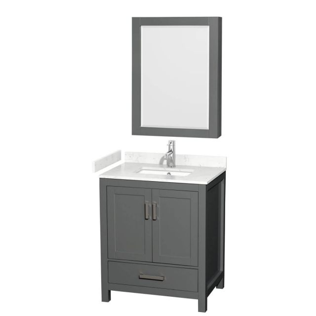 Wyndham Collection Sheffield 30 inch Single Bathroom Vanity in Dark Gray with Carrara Cultured Marble Countertop, Undermount Square Sink and Medicine Cabinet - WCS141430SKGC2UNSMED