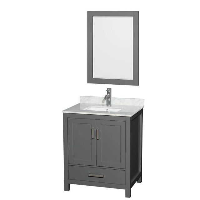 Wyndham Collection Sheffield 30 Inch Single Bath Vanity In Dark Gray with White Carrara Marble Countertop with Undermount Square Sink with 24 Inch Mirror - WCS141430SKGCMUNSM24
