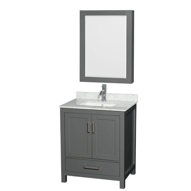 Wyndham Collection Sheffield 30 Inch Single Bath Vanity In Dark Gray with White Carrara Marble Countertop with Undermount Square Sink with Medicine Cabinet - WCS141430SKGCMUNSMED
