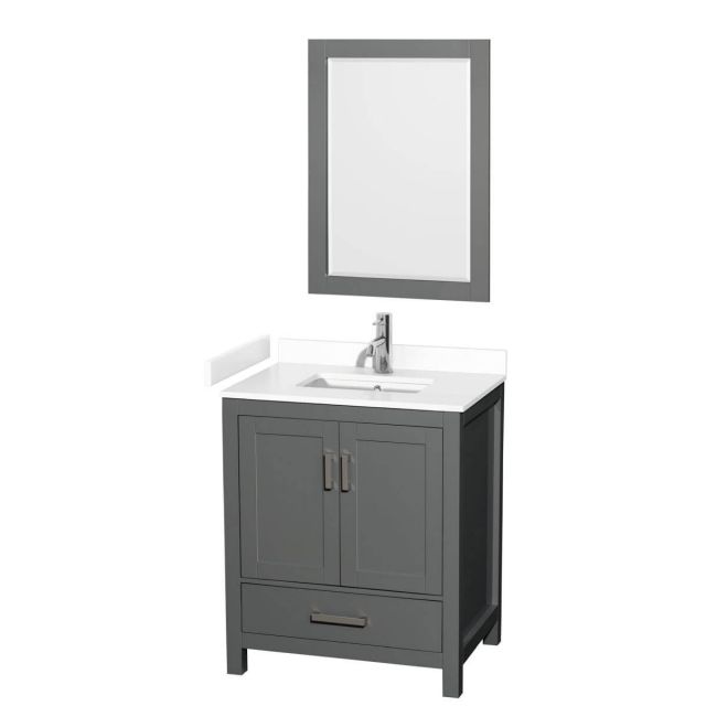 Wyndham Collection Sheffield 30 inch Single Bathroom Vanity in Dark Gray with White Cultured Marble Countertop, Undermount Square Sink and 24 inch Mirror - WCS141430SKGWCUNSM24