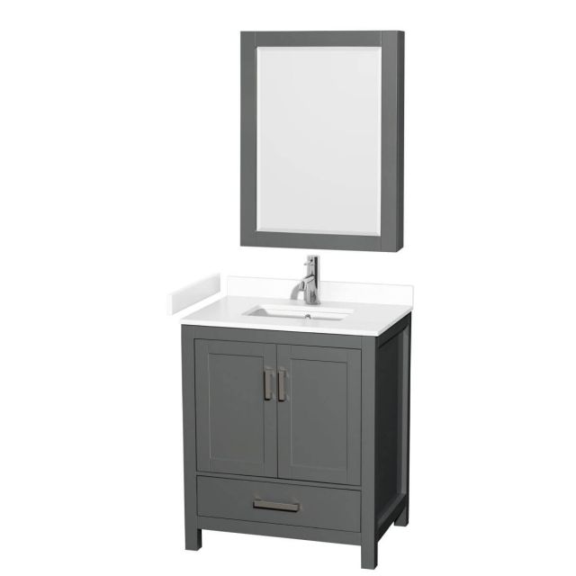 Wyndham Collection Sheffield 30 inch Single Bathroom Vanity in Dark Gray with White Cultured Marble Countertop, Undermount Square Sink and Medicine Cabinet - WCS141430SKGWCUNSMED