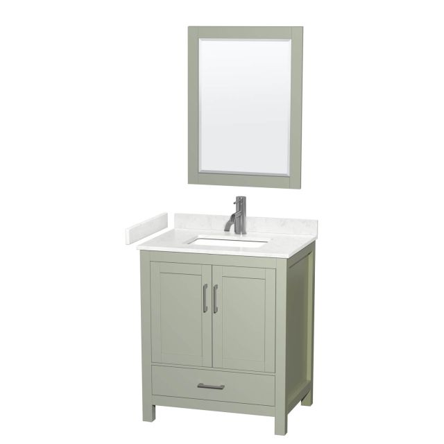 Wyndham Collection Sheffield 30 Inch Single Bathroom Vanity in Light Green with Carrara Cultured Marble Countertop, Undermount Square Sink and Brushed Nickel Trim WCS141430SLGC2UNSM24