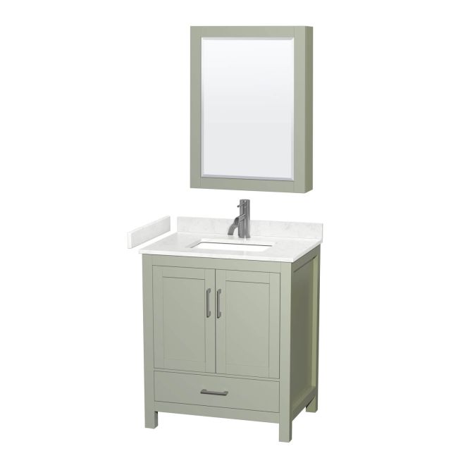 Wyndham Collection Sheffield 30 Inch Single Bathroom Vanity in Light Green with Carrara Cultured Marble Countertop, Undermount Square Sink and Brushed Nickel Trim WCS141430SLGC2UNSMED