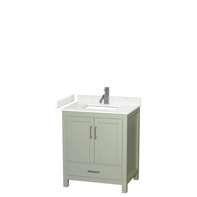 Wyndham Collection Sheffield 30 Inch Single Bathroom Vanity in Light Green with Carrara Cultured Marble Countertop, Undermount Square Sink and Brushed Nickel Trim WCS141430SLGC2UNSMXX