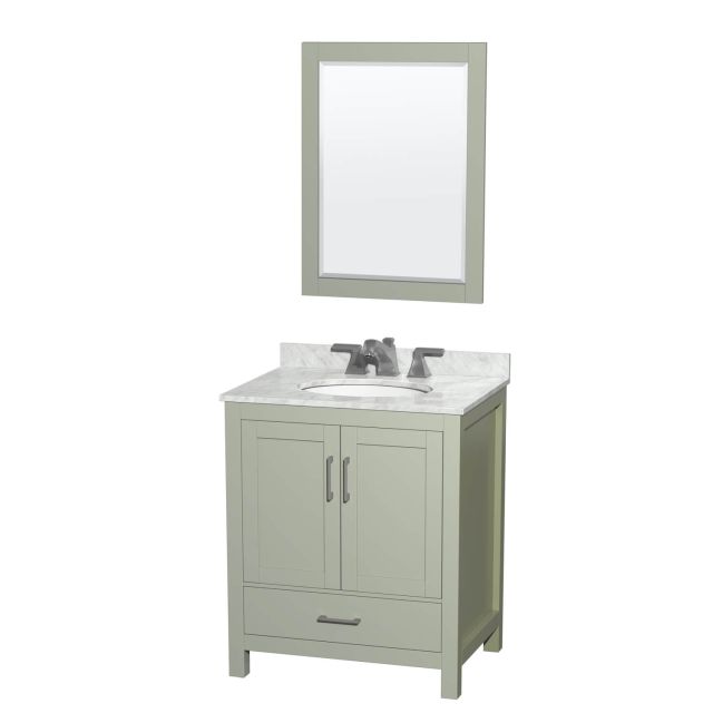 Wyndham Collection Sheffield 30 Inch Single Bathroom Vanity in Light Green with White Carrara Marble Countertop, Undermount Oval Sink, Brushed Nickel Trim and 24 inch Mirror WCS141430SLGCMUNOM24