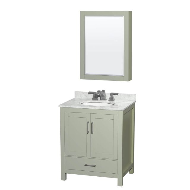 Wyndham Collection Sheffield 30 Inch Single Bathroom Vanity in Light Green with White Carrara Marble Countertop, Undermount Oval Sink, Brushed Nickel Trim and Medicine Cabinet WCS141430SLGCMUNOMED