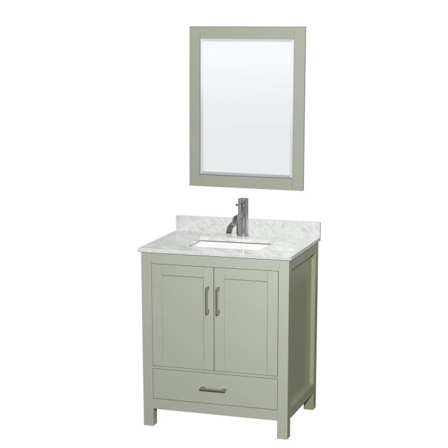 Wyndham Collection Sheffield 30 Inch Single Bathroom Vanity in Light Green with White Carrara Marble Countertop, Undermount Square Sink and Brushed Nickel Trim WCS141430SLGCMUNSM24