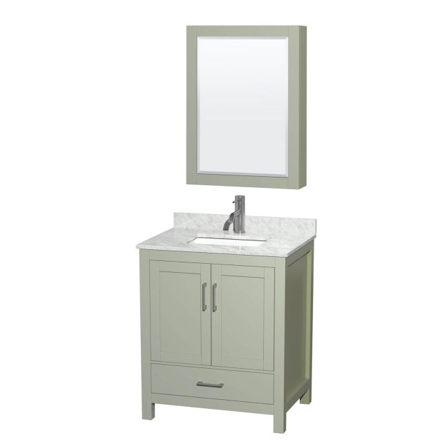 Wyndham Collection Sheffield 30 Inch Single Bathroom Vanity in Light Green with White Carrara Marble Countertop, Undermount Square Sink and Brushed Nickel Trim WCS141430SLGCMUNSMED