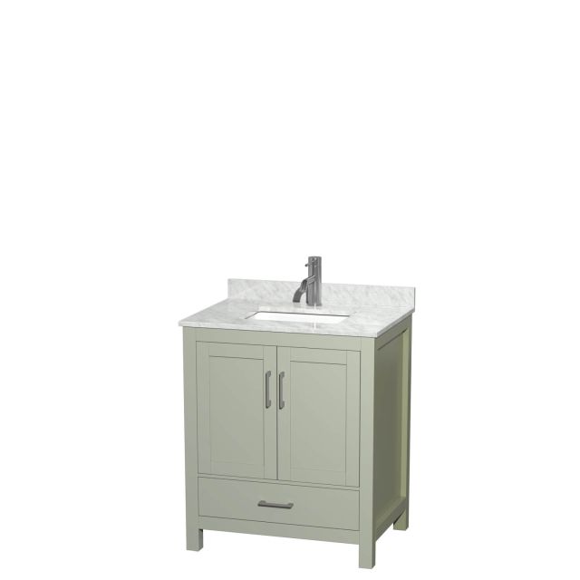 Wyndham Collection Sheffield 30 Inch Single Bathroom Vanity in Light Green with White Carrara Marble Countertop, Undermount Square Sink and Brushed Nickel Trim WCS141430SLGCMUNSMXX