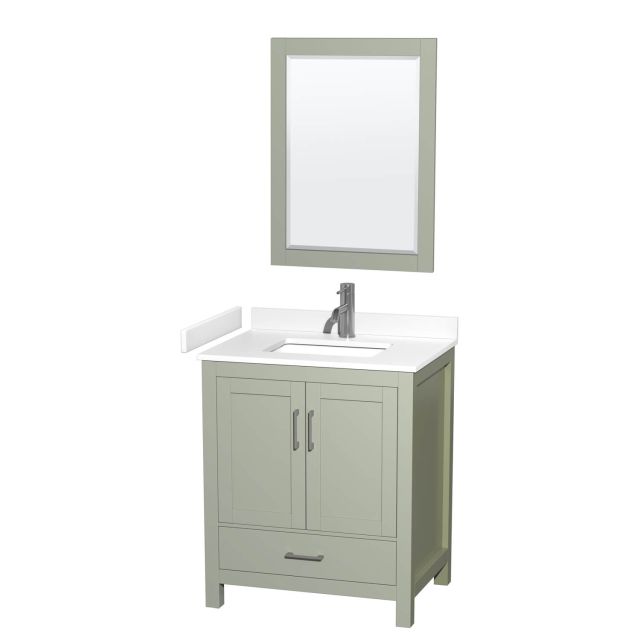 Wyndham Collection Sheffield 30 Inch Single Bathroom Vanity in Light Green with White Cultured Marble Countertop, Undermount Square Sink and Brushed Nickel Trim WCS141430SLGWCUNSM24