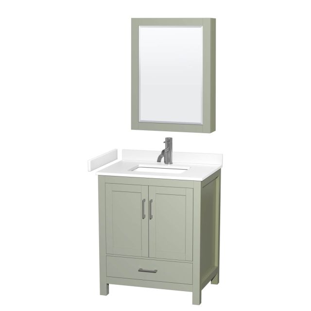 Wyndham Collection Sheffield 30 Inch Single Bathroom Vanity in Light Green with White Cultured Marble Countertop, Undermount Square Sink and Brushed Nickel Trim WCS141430SLGWCUNSMED
