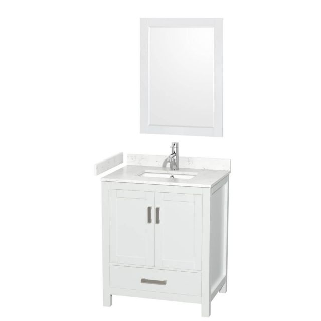 Wyndham Collection Sheffield 30 inch Single Bathroom Vanity in White with Carrara Cultured Marble Countertop, Undermount Square Sink and 24 inch Mirror - WCS141430SWHC2UNSM24