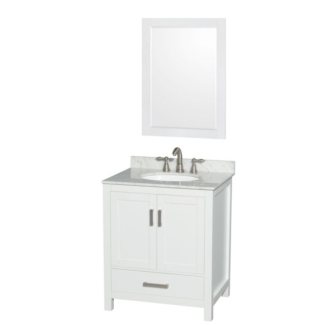 Wyndham Collection Sheffield 30 Inch Single Bath Vanity In White with White Carrara Marble Countertop with Undermount Oval Sink and 24 Inch Mirror - WCS141430SWHCMUNOM24