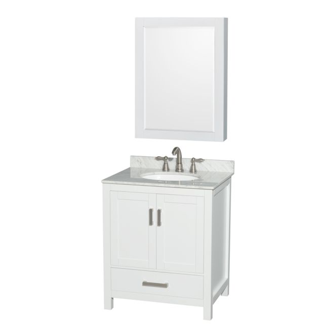 Wyndham Collection Sheffield 30 Inch Single Bath Vanity In White with White Carrara Marble Countertop with Undermount Oval Sink and Medicine Cabinet - WCS141430SWHCMUNOMED