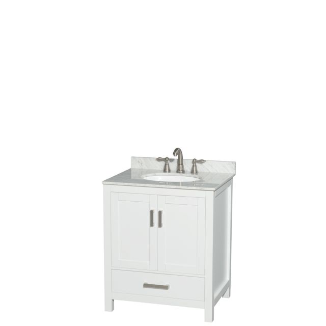 Wyndham Collection Sheffield 30 Inch Single Bath Vanity In White with White Carrara Marble Countertop and Undermount Oval Sink - WCS141430SWHCMUNOMXX