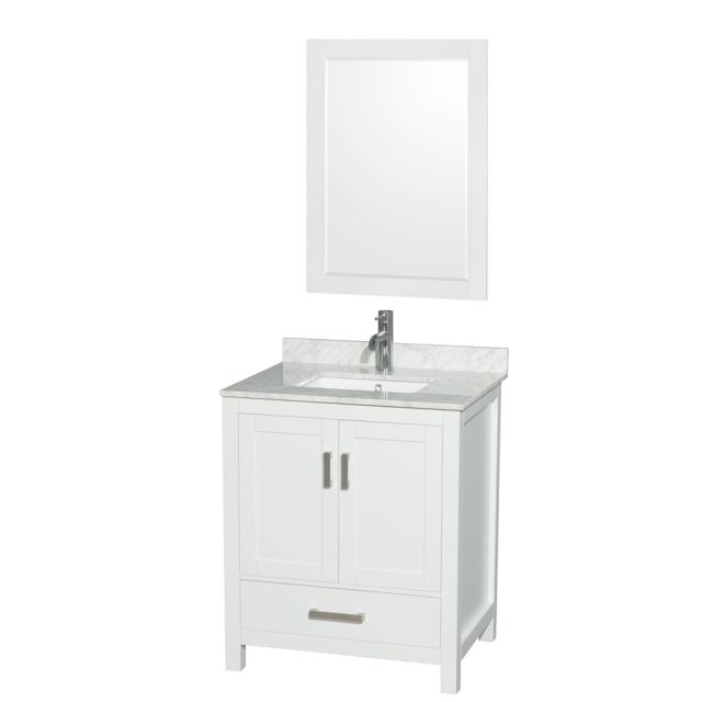 Wyndham Collection Sheffield 30 Inch Single Bath Vanity In White with White Carrara Marble Countertop with Undermount Square Sink and 24 Inch Mirror - WCS141430SWHCMUNSM24