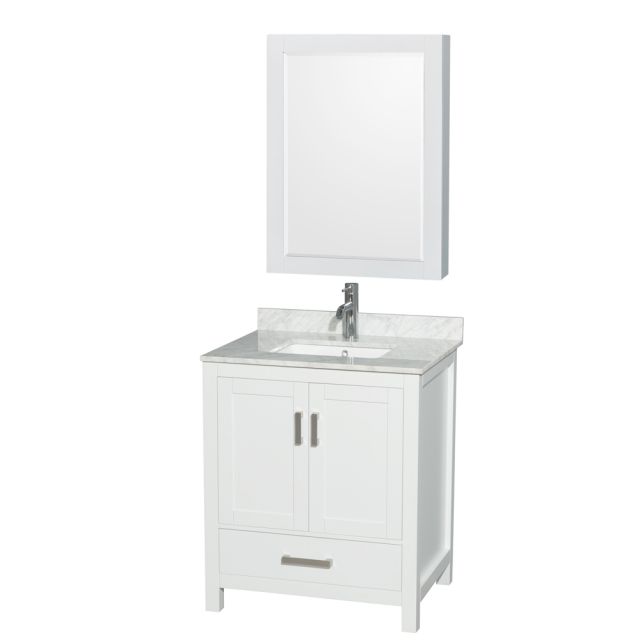 Wyndham Collection Sheffield 30 Inch Single Bath Vanity In White with White Carrara Marble Countertop with Undermount Square Sink and Medicine Cabinet - WCS141430SWHCMUNSMED
