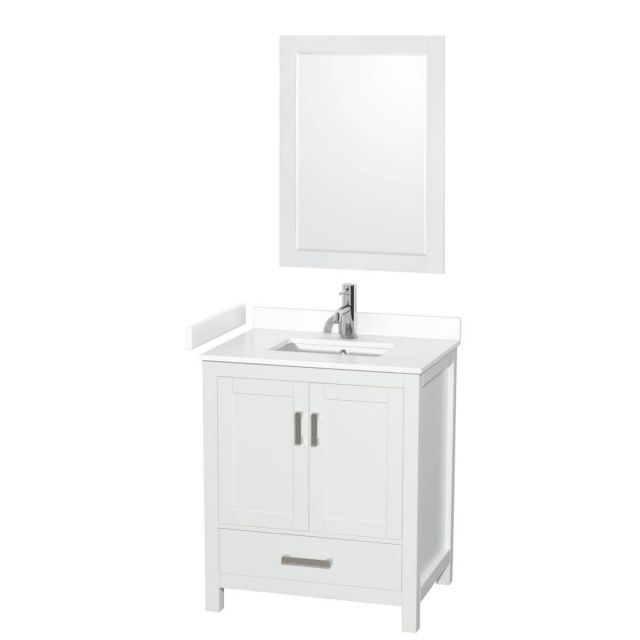 Wyndham Collection Sheffield 30 inch Single Bathroom Vanity in White with White Cultured Marble Countertop, Undermount Square Sink and 24 inch Mirror - WCS141430SWHWCUNSM24