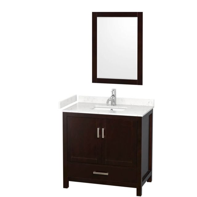 Wyndham Collection Sheffield 36 inch Single Bathroom Vanity in Espresso with Carrara Cultured Marble Countertop, Undermount Square Sink and 24 inch Mirror - WCS141436SESC2UNSM24