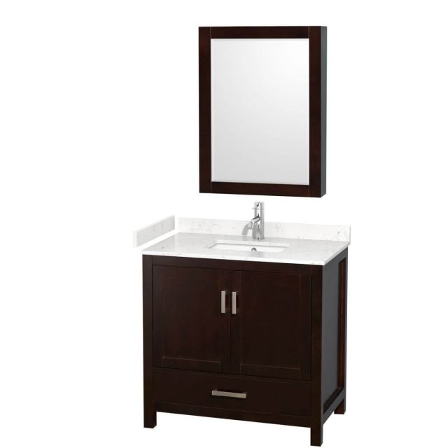 Wyndham Collection Sheffield 36 inch Single Bathroom Vanity in Espresso with Carrara Cultured Marble Countertop, Undermount Square Sink and Medicine Cabinet - WCS141436SESC2UNSMED