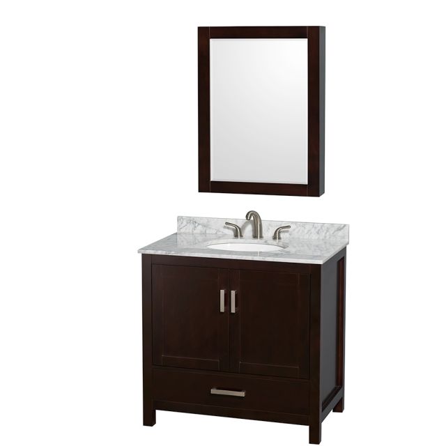 Wyndham Collection Sheffield 36 Inch Single Bath Vanity in Espresso, White Carrara Marble Countertop, Undermount Oval Sink, and Medicine Cabinet - WCS141436SESCMUNOMED