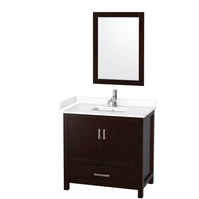 Wyndham Collection Sheffield 36 inch Single Bathroom Vanity in Espresso with White Cultured Marble Countertop, Undermount Square Sink and 24 inch Mirror - WCS141436SESWCUNSM24