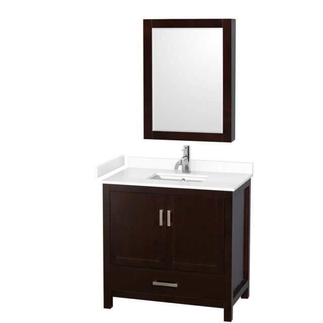 Wyndham Collection Sheffield 36 inch Single Bathroom Vanity in Espresso with White Cultured Marble Countertop, Undermount Square Sink and Medicine Cabinet - WCS141436SESWCUNSMED