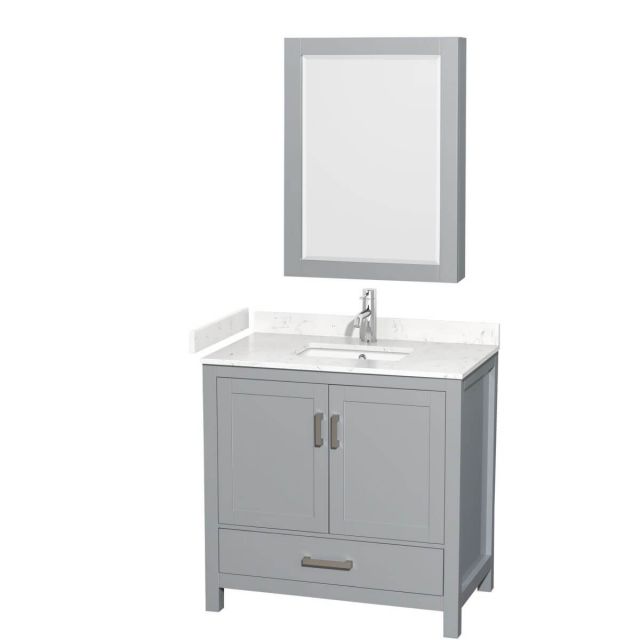 Wyndham Collection Sheffield 36 inch Single Bathroom Vanity in Gray with Carrara Cultured Marble Countertop, Undermount Square Sink and Medicine Cabinet - WCS141436SGYC2UNSMED