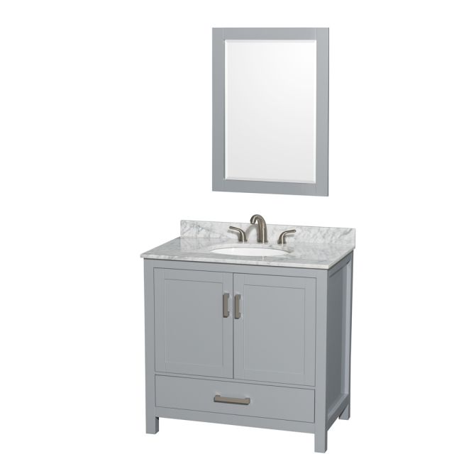 Wyndham Collection Sheffield 36 Inch Single Bath Vanity In Gray with White Carrara Marble Countertop with Undermount Oval Sink and 24 Inch Mirror - WCS141436SGYCMUNOM24