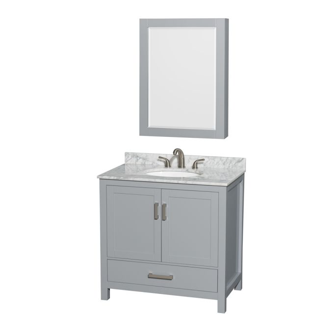 Wyndham Collection Sheffield 36 Inch Single Bath Vanity In Gray with White Carrara Marble Countertop with Undermount Oval Sink and Medicine Cabinet - WCS141436SGYCMUNOMED