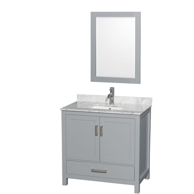 Wyndham Collection Sheffield 36 Inch Single Bath Vanity In Gray with White Carrara Marble Countertop with Undermount Square Sink and 24 Inch Mirror - WCS141436SGYCMUNSM24