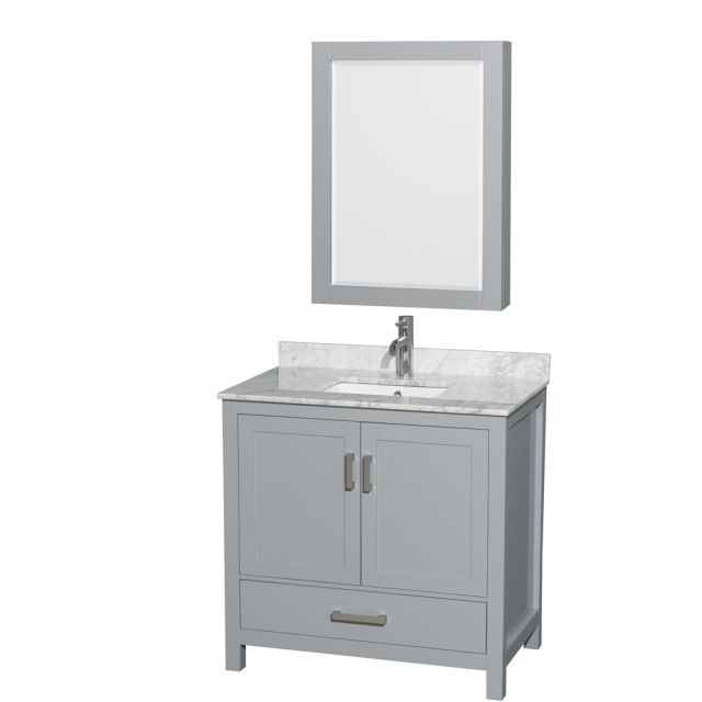 Wyndham Collection Sheffield 36 Inch Single Bath Vanity In Gray with White Carrara Marble Countertop with Undermount Square Sink and Medicine Cabinet - WCS141436SGYCMUNSMED