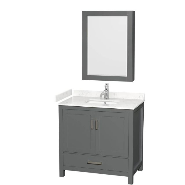 Wyndham Collection Sheffield 36 inch Single Bathroom Vanity in Dark Gray with Carrara Cultured Marble Countertop, Undermount Square Sink and Medicine Cabinet - WCS141436SKGC2UNSMED