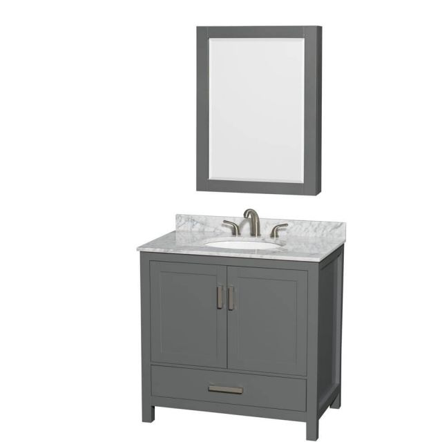 Wyndham Collection Sheffield 36 Inch Single Bath Vanity In Dark Gray with White Carrara Marble Countertop with Undermount Oval Sink with Medicine Cabinet - WCS141436SKGCMUNOMED