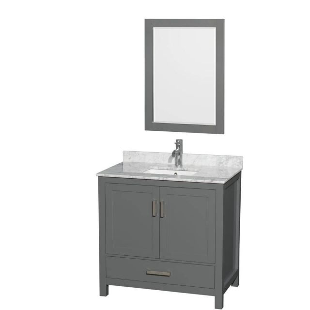 Wyndham Collection Sheffield 36 Inch Single Bath Vanity In Dark Gray with White Carrara Marble Countertop with Undermount Square Sink with 24 Inch Mirror - WCS141436SKGCMUNSM24
