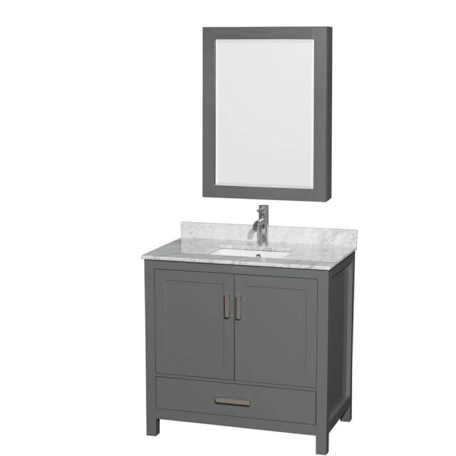 Wyndham Collection Sheffield 36 Inch Single Bath Vanity In Dark Gray with White Carrara Marble Countertop with Undermount Square Sink with Medicine Cabinet - WCS141436SKGCMUNSMED