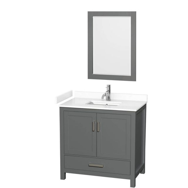 Wyndham Collection Sheffield 36 inch Single Bathroom Vanity in Dark Gray with White Cultured Marble Countertop, Undermount Square Sink and 24 inch Mirror - WCS141436SKGWCUNSM24