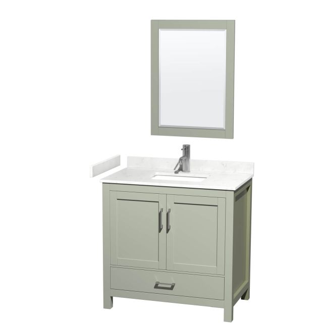 Wyndham Collection Sheffield 36 Inch Single Bathroom Vanity in Light Green with Carrara Cultured Marble Countertop, Undermount Square Sink and Brushed Nickel Trim WCS141436SLGC2UNSM24