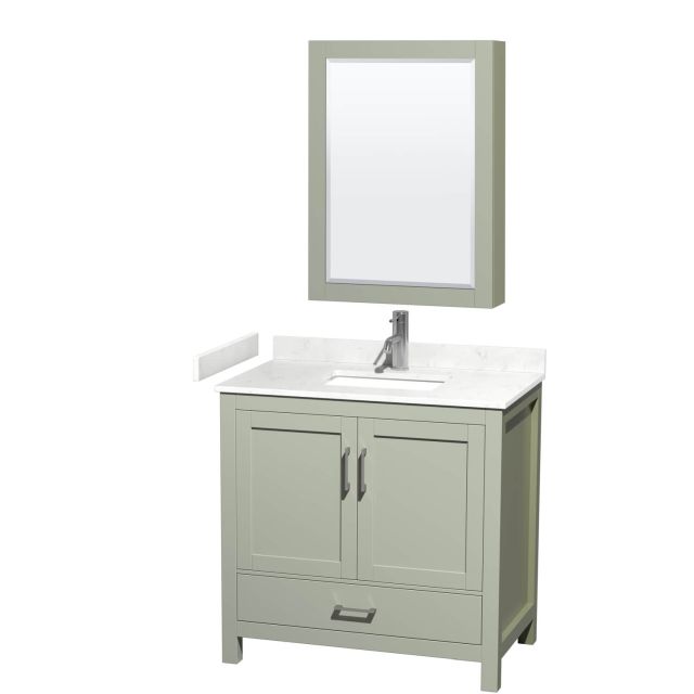 Wyndham Collection Sheffield 36 Inch Single Bathroom Vanity in Light Green with Carrara Cultured Marble Countertop, Undermount Square Sink and Brushed Nickel Trim WCS141436SLGC2UNSMED