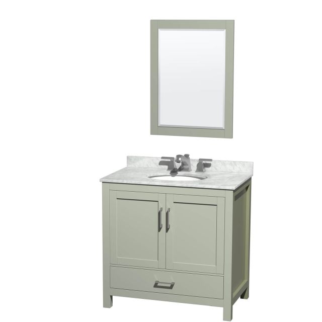 Wyndham Collection Sheffield 36 Inch Single Bathroom Vanity in Light Green with White Carrara Marble Countertop, Undermount Oval Sink, Brushed Nickel Trim and 24 inch Mirror WCS141436SLGCMUNOM24