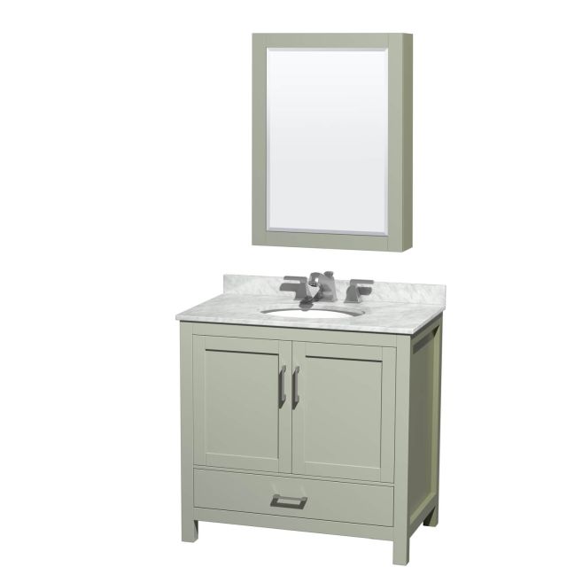 Wyndham Collection Sheffield 36 Inch Single Bathroom Vanity in Light Green with White Carrara Marble Countertop, Undermount Oval Sink, Brushed Nickel Trim and Medicine Cabinet WCS141436SLGCMUNOMED