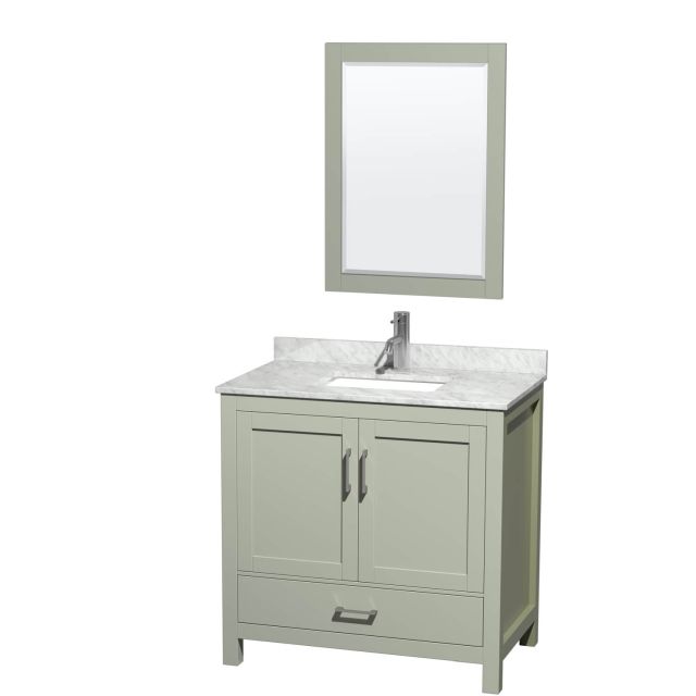 Wyndham Collection Sheffield 36 Inch Single Bathroom Vanity in Light Green with White Carrara Marble Countertop, Undermount Square Sink and Brushed Nickel Trim WCS141436SLGCMUNSM24
