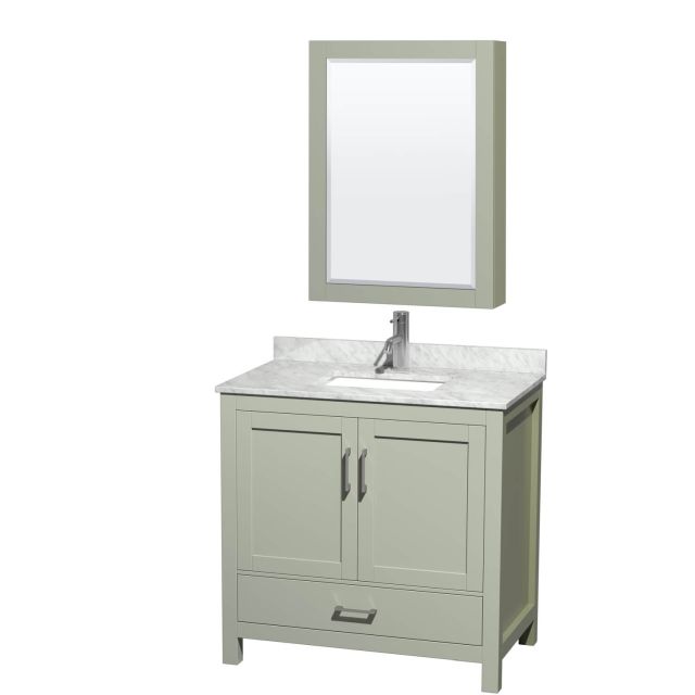 Wyndham Collection Sheffield 36 Inch Single Bathroom Vanity in Light Green with White Carrara Marble Countertop, Undermount Square Sink and Brushed Nickel Trim WCS141436SLGCMUNSMED